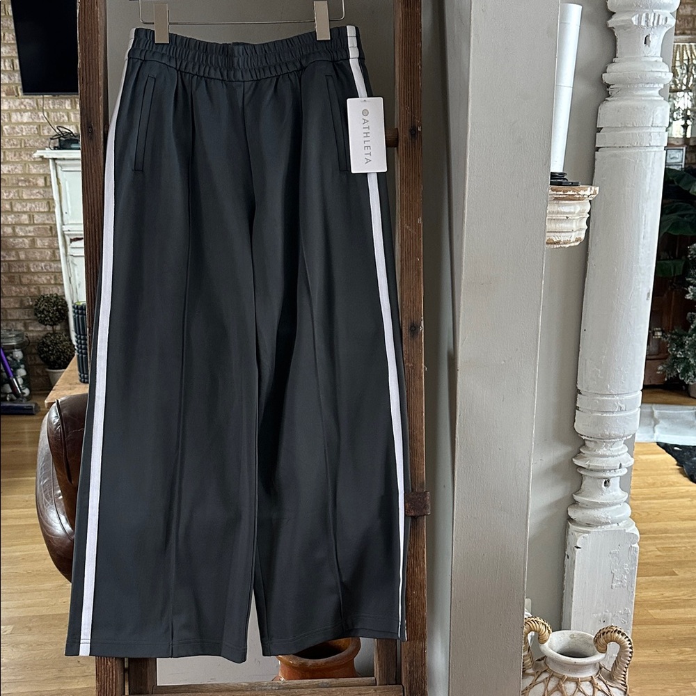 Athleta Black Track Pants with White Side Stripes